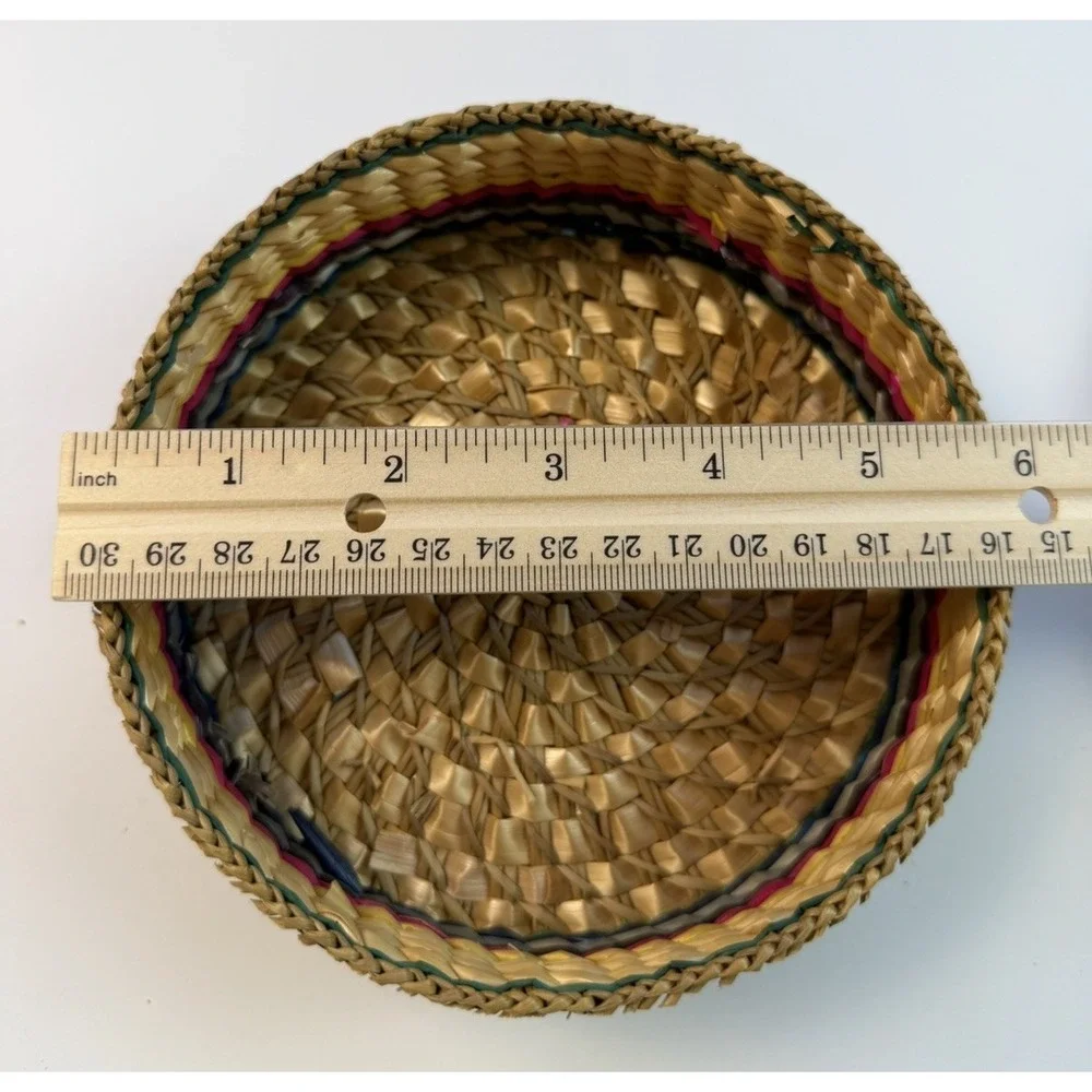 Vintage Woven Straw Nesting Baskets Set of 3 Lidded Boho Decor 1970s Striped
